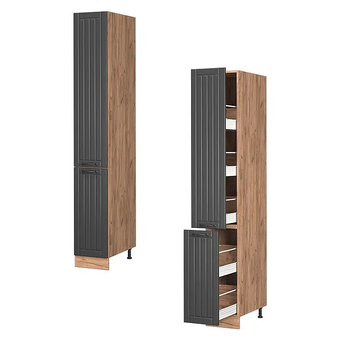 Vicco Schrankküche Fame-Line Dunkelgrau - Dunkelgrau, Apothekerhochschrank 30 cm - Hoher Vorratsschrank mit dunkelgrauen geriffelten Türen und Holzmaserung Korpus. Geschlossen und offen mit ausziehbaren Körben.