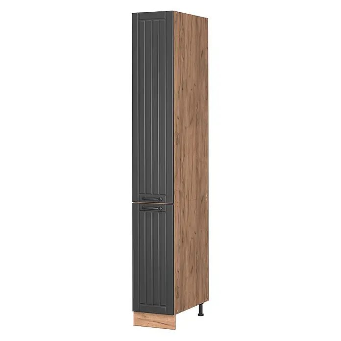Vicco Schrankküche Fame-Line Dunkelgrau - Dunkelgrau, Apothekerhochschrank 30 cm - Hoher Küchenschrank mit dunkelgrauen, geriffelten Türen und hellbrauner Holzoptik-Seitenwand.