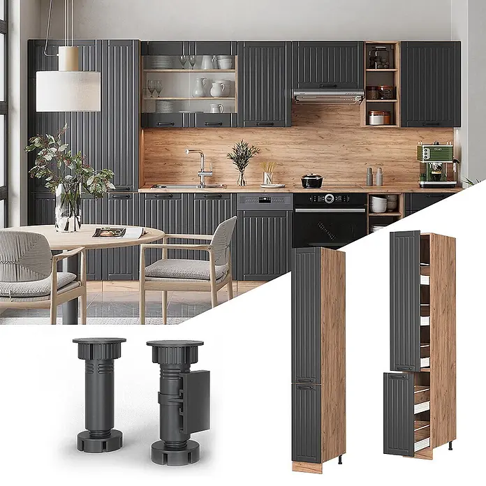 Vicco Schrankküche Fame-Line Dunkelgrau - Dunkelgrau, Apothekerhochschrank 30 cm - Moderne Küche mit dunkelgrauen geriffelten Schränken, Holzoptik-Apothekerschrank mit Auszügen und verstellbaren Schranksockeln.