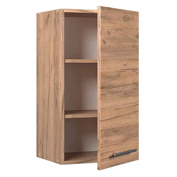 Vicco Schrankküche Fame-Line Goldkraft Eiche - Goldkraft Eiche, Hängeschrank 40 cm - Hellbrauner Hängeschrank in Holzoptik mit zwei Einlegeböden und einer leicht geöffneten Tür mit grauem Griff.