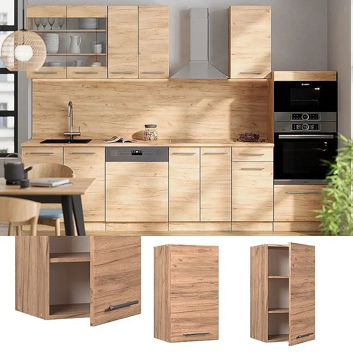 Vicco Schrankküche Fame-Line Goldkraft Eiche - Goldkraft Eiche, Hängeschrank 40 cm - Küchensystem in heller Holzmaserung mit Wand- und Unterschränken, integrierten Geräten. Detailansichten einzelner Module.