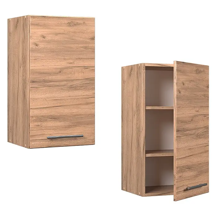 Vicco Schrankküche Fame-Line Goldkraft Eiche - Goldkraft Eiche, Hängeschrank 40 cm - Wandhängeschrank in heller Holzoptik, geschlossen und offen mit Einlegeböden und silbernen Griffen.
