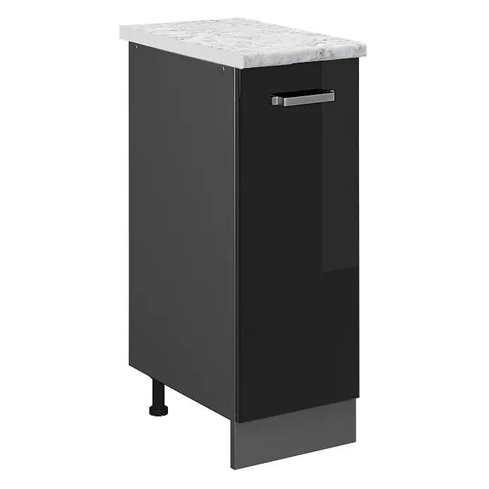 Vicco Schrankküche R-Line Schwarz Hochglanz AP Marmor - Schwarz Hochglanz, Apothekerunterschrank 30 cm, AP Marmor - Schwarzer Küchenunterschrank mit weißer Marmoroptik-Arbeitsplatte, modernem Metallgriff und verstellbaren Füßen.