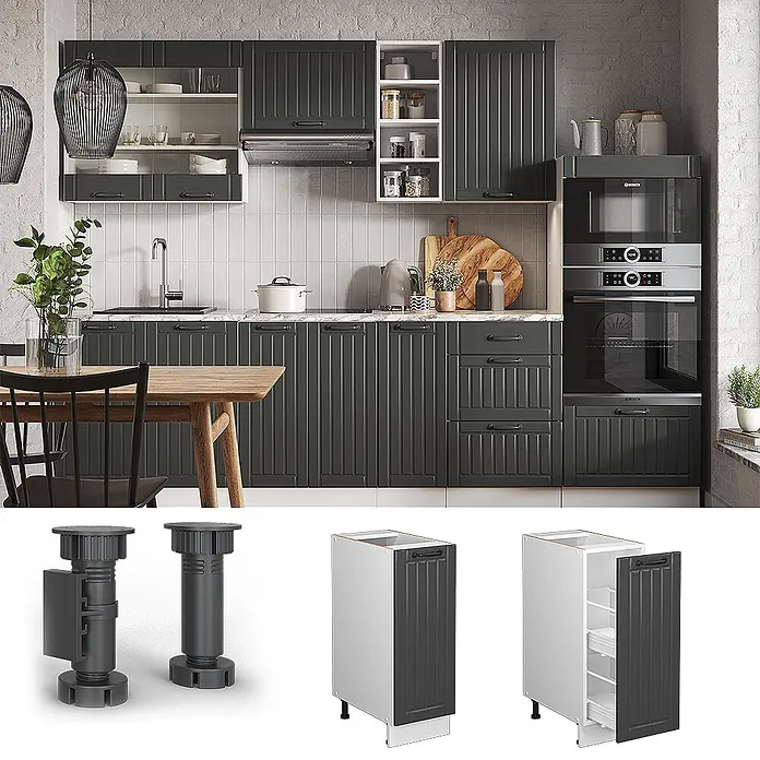 Vicco Schrankküche Fame-Line Anthrazit Landhaus, AP Eiche - Anthrazit Landhaus, Apothekerunterschrank 30 cm, AP Eiche - Dunkelgraue Küchenschränke mit vertikal geriffelten Türen, integriert in eine moderne Küche mit Geräten.