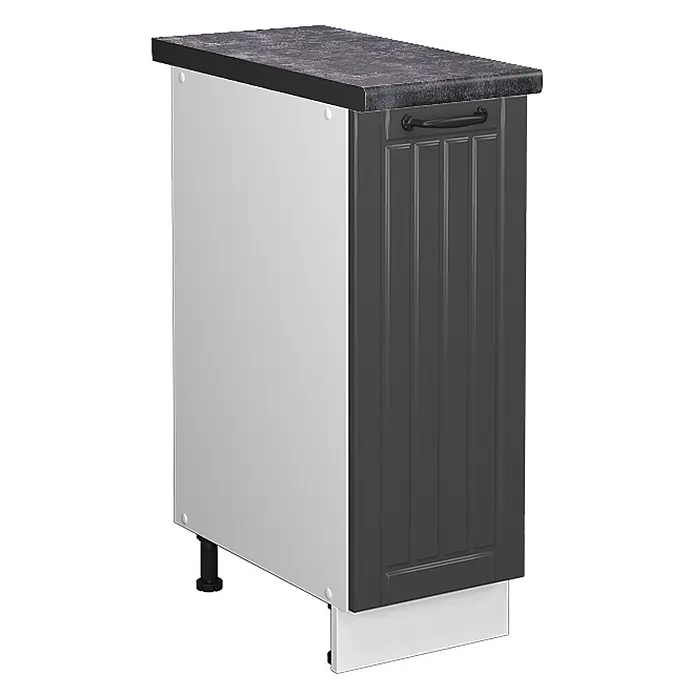 Vicco Schrankküche Fame-Line Anthrazit Landhaus, AP Anthrazit - Anthrazit Landhaus, Apothekerunterschrank 30 cm, AP Anthrazit - Schmaler dunkelgrauer Küchenunterschrank mit gemusterter Arbeitsplatte, weißer Seitenwand, schwarzem Griff und verstellbaren Füßen.