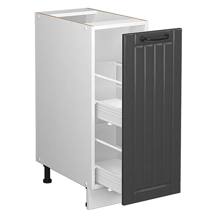Vicco Schrankküche Fame-Line Anthrazit Landhaus, AP Eiche - Anthrazit Landhaus, Apothekerunterschrank 30 cm, AP Eiche - Weißer Küchenunterschrank mit verstellbaren Füßen, dunkelgrauer Kassettentür und zwei ausziehbaren Vorratsschubladen.