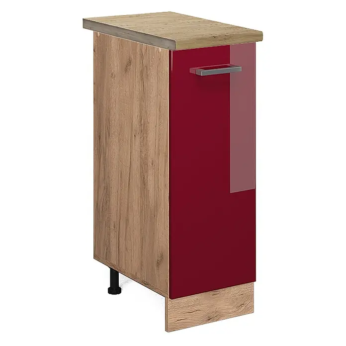 Vicco Schrankküche R-Line Rot Hochglanz, AP Eiche - Rot Hochglanz, Apothekerunterschrank 30 cm, AP Eiche - Hölzerner Küchenunterschrank mit roter Hochglanztür und silbernem Griff.