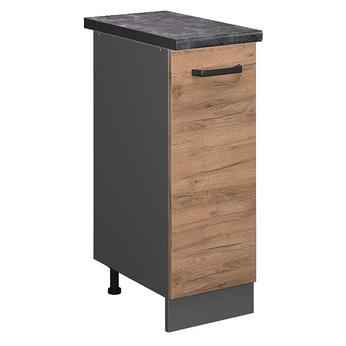 Vicco Schrankküche R-Line Goldkraft Eiche, AP Anthrazit - Goldkraft Eiche, Apothekerunterschrank 30 cm - Schmaler Küchenunterschrank mit anthrazitfarbener Steinoptik-Arbeitsplatte, holzgemaserter Tür mit schwarzem Griff und anthrazitfarbener Seitenwand und Sockelblende.
