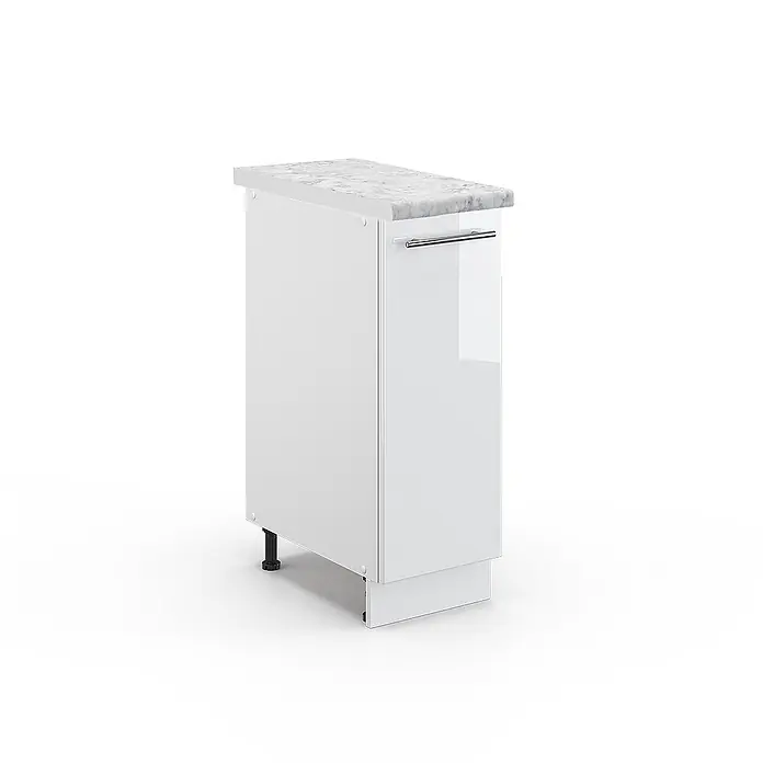 Apothekerschrank Fame-Line 30 cm Weiß Hochglanz Art.-Nr. 46122 -  - Weißer Küchenunterschrank mit Marmor-Arbeitsplatte und Chromgriff auf verstellbaren Füßen.