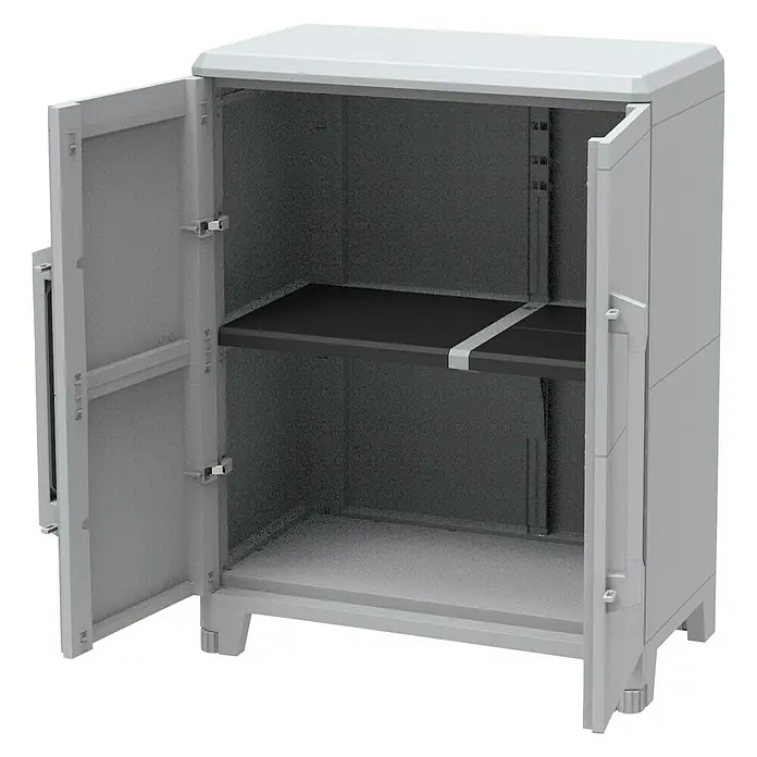 Terry Transforming Armario multiusos de plástico  Modular 3 - L x An x Al: 43,6 x 78 x 143 cm - Este armario de plástico gris, con dos puertas abiertas y un estante negro, ofrece un amplio espacio de almacenamiento para diversos objetos.