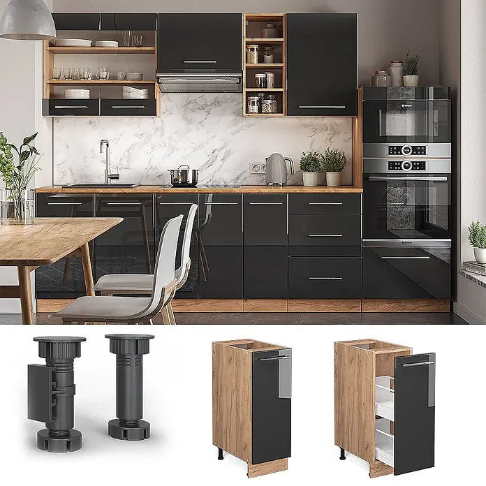 Vicco Schrankküche Fame-Line Anthrazit Hochglanz ohne Arbeitsplatte - Anthrazit Hochglanz, Apothekerunterschrank 30 cm - Moderne Küchenmöbel mit glänzenden schwarzen Fronten und Holzelementen, inklusive verstellbarer Füße.