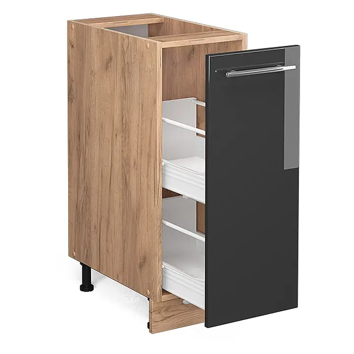 Vicco Schrankküche Fame-Line Anthrazit Hochglanz ohne Arbeitsplatte - Anthrazit Hochglanz, Apothekerunterschrank 30 cm - Küchenunterschrank in Holzoptik mit schwarzer Hochglanz-Ausziehtür und Chromgriff, weißen Regalen im Inneren.