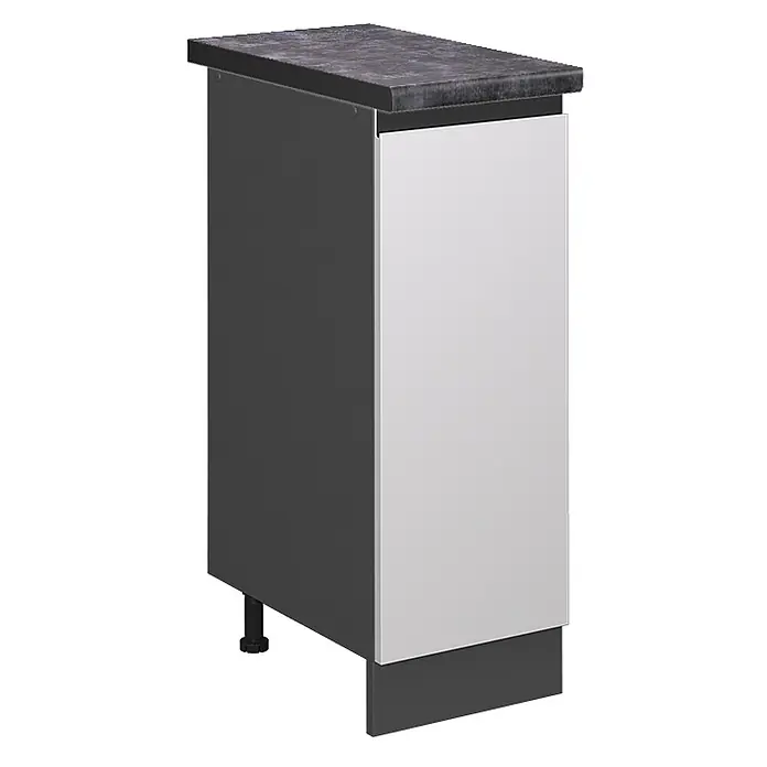 Vicco Schrankküche R-Line Weiß J-Shape, AP Anthrazit - Weiß, Apothekerunterschrank 30 cm grifflos - Dunkelgrauer Küchenunterschrank mit hellgrauer Tür und dunkler Arbeitsplatte.