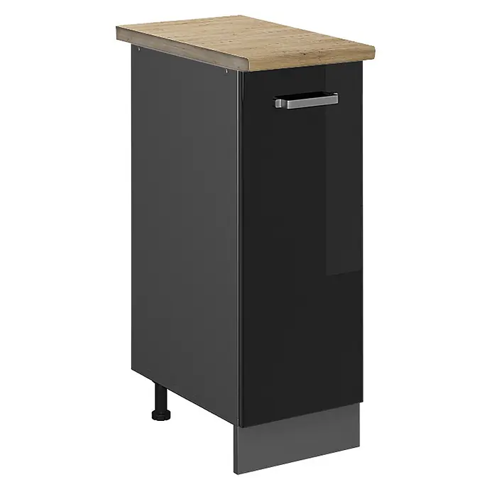 Vicco Schrankküche R-Line Schwarz Hochglanz, AP Eiche - Schwarz Hochglanz, Apothekerunterschrank 30 cm, AP Eiche - Dunkelgrauer Küchenunterschrank mit Holzdekor-Arbeitsplatte, schwarzer Hochglanz-Schublade und silbernem Griff. Sichtbare Stellfüße.