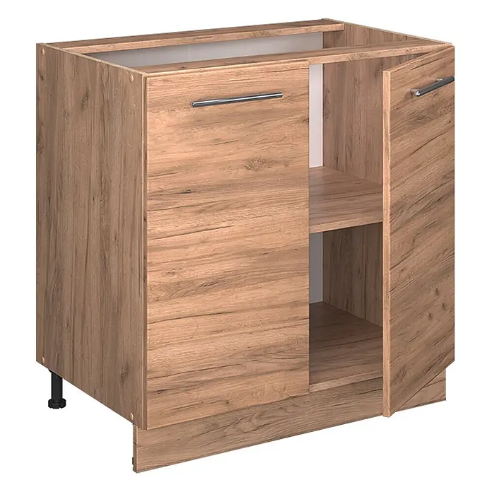 Vicco Schrankküche Fame-Line Goldkraft Eiche mit Regal, ohne Arbeitsplatte - Goldkraft Eiche, Unterschrank 80 cm - Hellbrauner Küchenunterschrank in Holzoptik mit zwei Türen (eine offen), Innenregal, Metallgriffen und verstellbaren Füßen.
