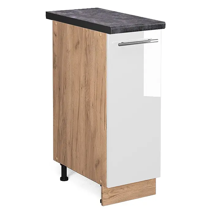 Vicco Schrankküche Fame-Line Weiß Hochglanz, AP Anthrazit - Weiß Hochglanz, Apothekerunterschrank 30 cm, AP Anthrazit - Schmaler Küchenunterschrank mit heller Holzseite, weißer Hochglanztür, dunkler Arbeitsplatte und Metallgriff.