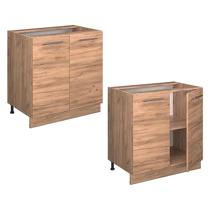 Vicco Schrankküche Fame-Line Goldkraft Eiche mit Regal, ohne Arbeitsplatte - Goldkraft Eiche, Unterschrank 80 cm - Zwei Ansichten eines hellbraunen Küchenunterschranks in Holzoptik mit Metallgriffen, einer geschlossen, einer mit offener Tür und Regal.