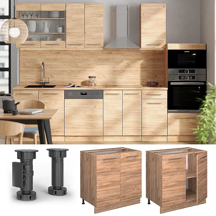 Vicco Schrankküche Fame-Line Goldkraft Eiche mit Regal, ohne Arbeitsplatte - Goldkraft Eiche, Unterschrank 80 cm - Moderne Küche mit hellen Holz-Look Unterschränken, integrierten Geräten und verstellbaren Füßen.