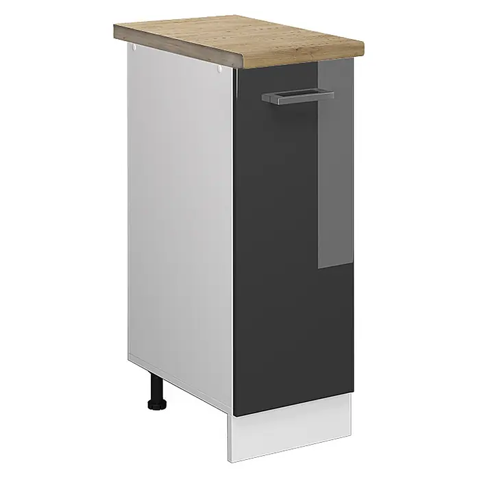 Vicco Schrankküche R-Line Anthrazit Hochglanz, AP Eiche - Anthrazit Hochglanz, Apothekerunterschrank 30 cm, AP Eiche - Küchenunterschrank mit heller Holzplatte, weißer Seite und dunkelgrauer Front mit Griff.