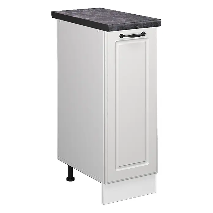 Vicco Schrankküche R-Line Weiß Landhaus, AP Anthrazit - Weiß Landhaus, Apothekerunterschrank 30 cm, AP Anthrazit - Weißer Küchenunterschrank mit dunkler Arbeitsplatte, schwarzem Griff und Kassettentür.