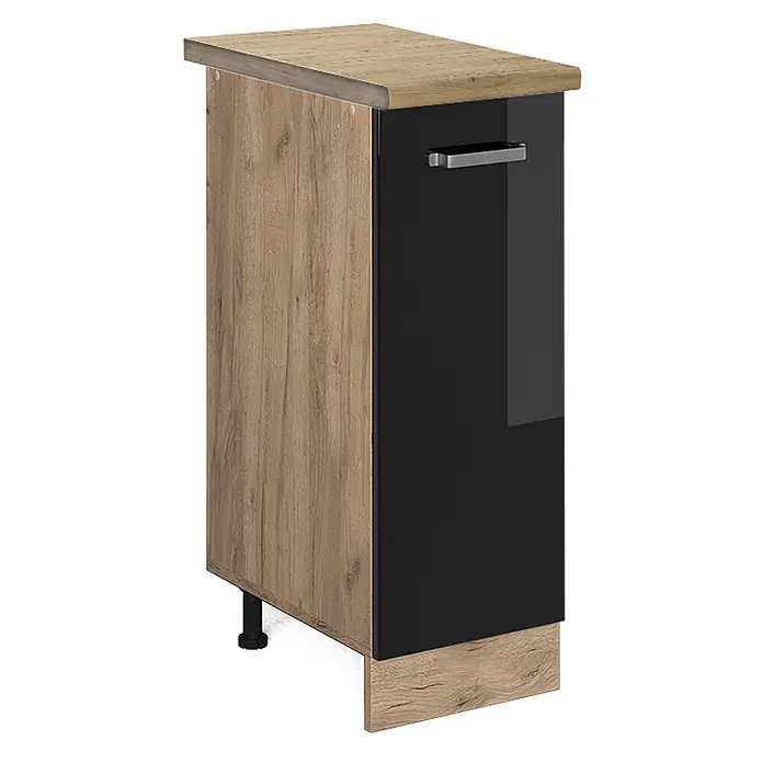 Vicco Schrankküche R-Line Schwarz Hochglanz, AP Eiche - Schwarz Hochglanz, Apothekerunterschrank 30 cm - Kompakter Unterschrank in Holzoptik mit schwarzer Front und silbernem Griff.