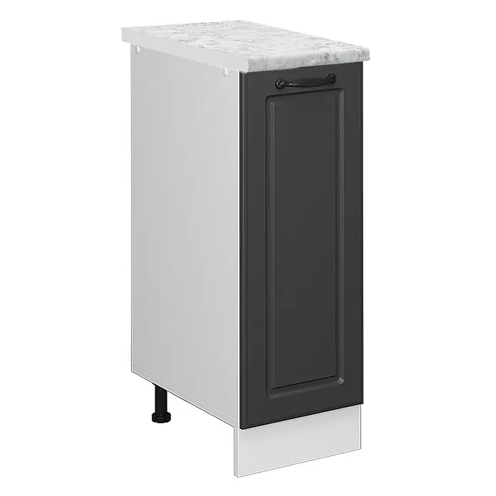 Vicco Schrankküche R-Line Anthrazit Landhaus AP Marmor - Anthrazit Landhaus, Apothekerunterschrank 30 cm, AP Marmor - Küchenunterschrank mit dunkelgrauer Tür, weißer Marmor-Arbeitsplatte, schwarzem Griff und weißer Sockelblende.