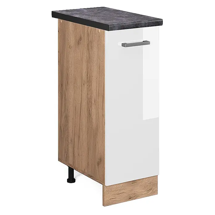 Vicco Schrankküche R-Line Weiß Hochglanz, AP Anthrazit - Weiß Hochglanz, Apothekerunterschrank 30 cm, AP Anthrazit - Kompakter Unterschrank mit dunkelgrauer Arbeitsplatte, heller Holzoptik-Seite, weißer Hochglanztür, grauem Griff, schwarzen verstellbaren Füßen und Holzsockel.