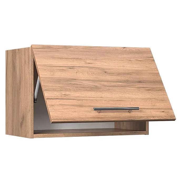 Vicco Schrankküche Fame-Line Goldkraft Eiche Flach - Goldkraft Eiche, Hängeschrank 60 cm (flach) - Hängeschrank aus hellem Holz mit nach oben öffnender Tür, silbernem Griff und offenem Fach.