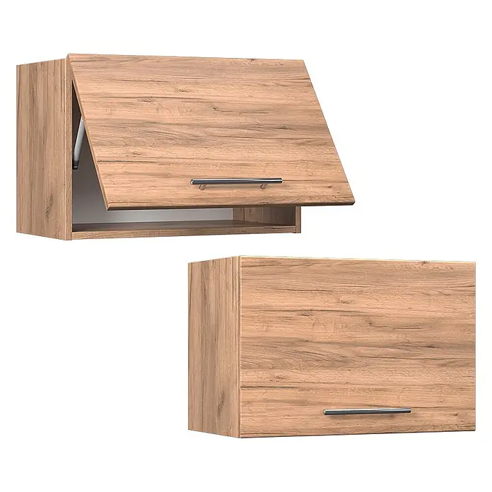 Vicco Schrankküche Fame-Line Goldkraft Eiche Flach - Goldkraft Eiche, Hängeschrank 60 cm (flach) - Zwei hellbraune Küchenhängeschränke in Holzoptik mit Metallgriffen, einer geöffnet mit Gasfeder, einer geschlossen.