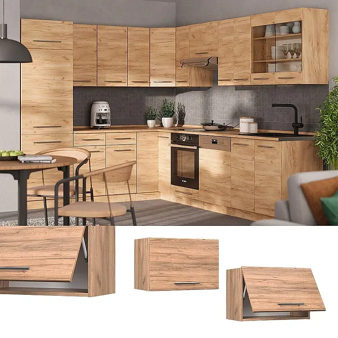 Vicco Schrankküche Fame-Line Goldkraft Eiche Flach - Goldkraft Eiche, Hängeschrank 60 cm (flach) - Moderne L-förmige Küche in heller Holzoptik, mit Schränken, Einbaugeräten und Klappenoberschränken.
