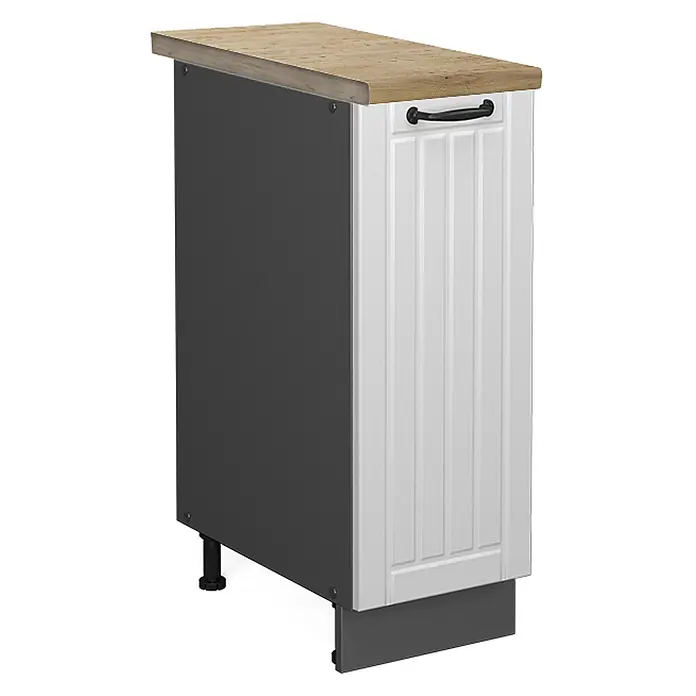 Vicco Schrankküche Fame-Line Weiß Landhaus, AP Eiche - Weiß Landhaus, Apothekerunterschrank 30 cm, AP Eiche - Schmaler weißer Schrank mit geriffelter Front, schwarzem Griff, heller Holzplatte und dunkelgrauer Seitenwand auf Stellfüßen.