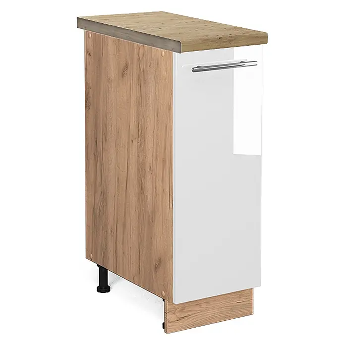 Apothekerschrank Fame-Line 30 cm Weiß Hochglanz Art.-Nr. 46906 -  - Schmaler Küchenunterschrank mit heller Holzoptik-Arbeitsplatte und Seitenwand, glänzend weißer Tür und Chromgriff.