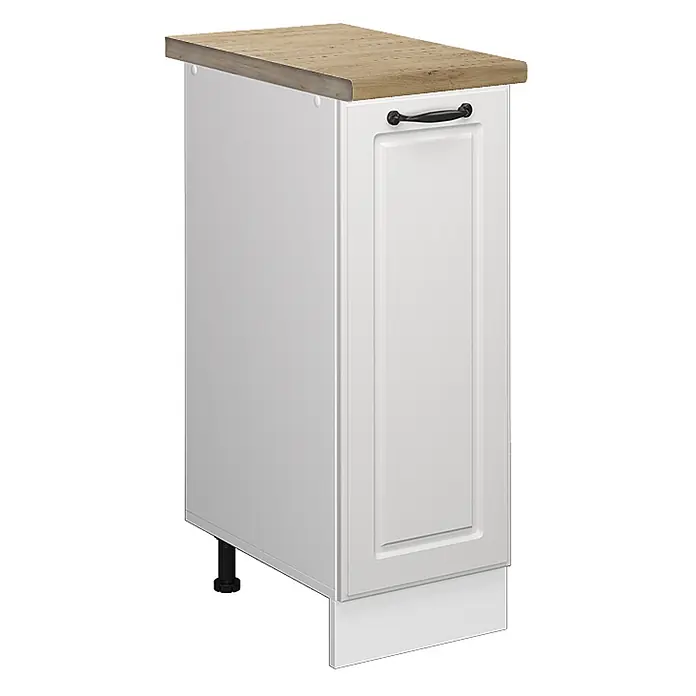 Vicco Schrankküche R-Line Weiß Landhaus, AP Eiche - Weiß Landhaus, Apothekerunterschrank 30 cm, AP Eiche - Weißer schmaler Küchenunterschrank mit Holz-Arbeitsplatte, schwarzem Griff und verstellbaren schwarzen Füßen, verdeckt durch einen weißen Sockel.