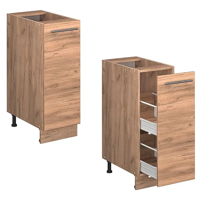 Vicco Schrankküche Fame-Line Goldkraft Eiche ohne Arbeitsplatte - Goldkraft Eiche, Apothekerunterschrank 30 cm - Schmaler Unterschrank in Holzoptik mit Auszügen, geschlossen und offen mit Schubladen, Metallgriff und Stellfüßen.