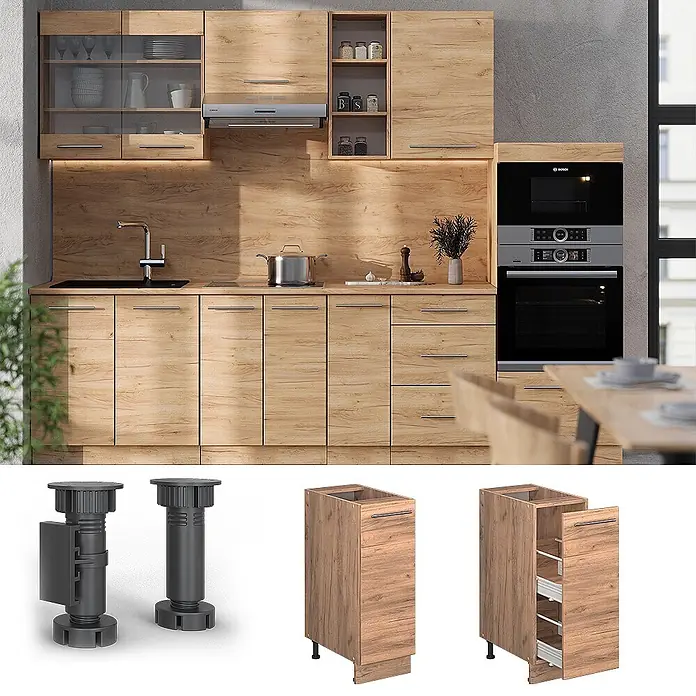 Vicco Schrankküche Fame-Line Goldkraft Eiche ohne Arbeitsplatte - Goldkraft Eiche, Apothekerunterschrank 30 cm - Modulare Küche in heller Holzoptik mit vielfältigen Schrank-, Schubladen- und Geräteintegrationen.