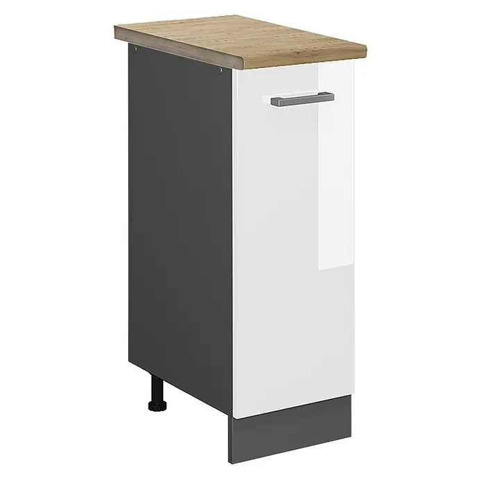 Vicco Schrankküche R-Line Weiß Hochglanz, AP Eiche - Weiß Hochglanz, Apothekerunterschrank 30 cm, AP Eiche - Unterschrank: Eichenholz-Optik-Platte, dunkelgraue Seite, weiße Hochglanztür, grauer Griff, dunkelgrauer Sockel & Füße.