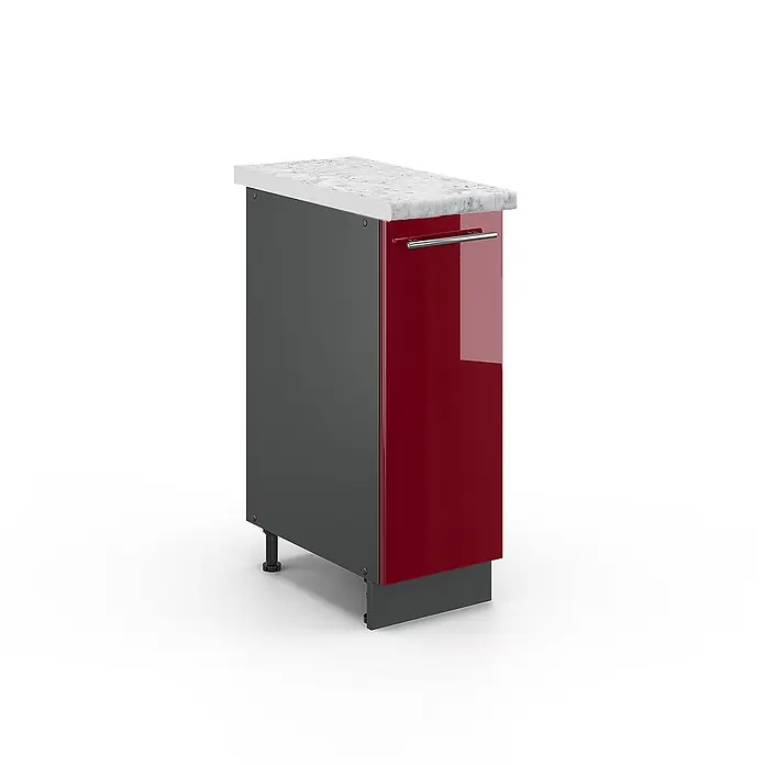 Vicco Schrankküche Fame-Line Bordeaux Hochglanz, AP Marmor - Bordeaux Hochglanz, Apothekerunterschrank 30 cm, AP Marmor - Schmaler Küchenunterschrank mit hochglänzender roter Tür, dunkelgrauer Seitenwand und weißer Marmorarbeitsplatte.