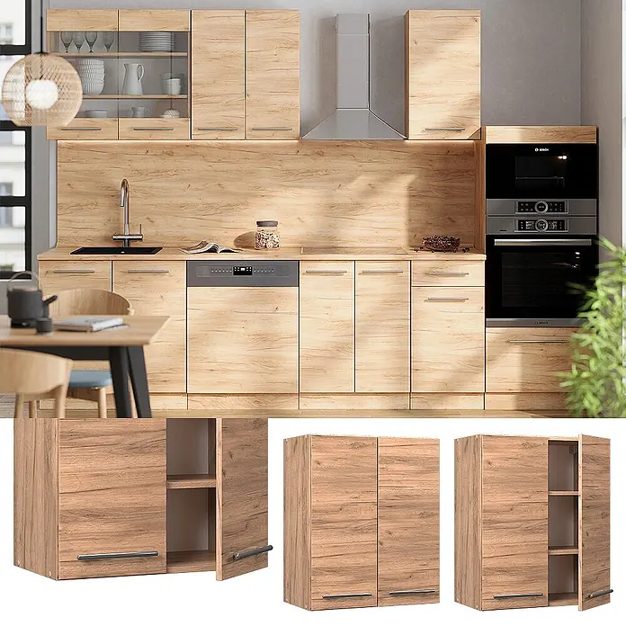 Vicco Schrankküche Fame-Line Goldkraft Eiche - Goldkraft Eiche, Hängeschrank 60 cm - Helle Eichenküchenschränke mit integrierten Geräten und Griffen, in einer modernen Küche dargestellt.