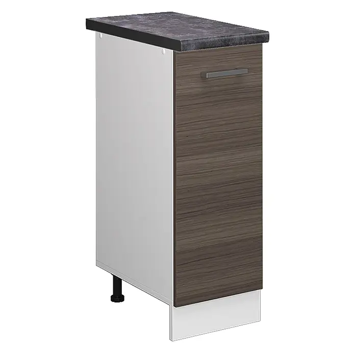 Vicco Schrankküche R-Line Edelgrau, AP Anthrazit - Edelgrau, Apothekerunterschrank 30 cm, AP Anthrazit - Kompakter Küchenunterschrank mit dunkler Arbeitsplatte, weißer Seite und brauner Schubladenfront in Holzoptik mit Griff.