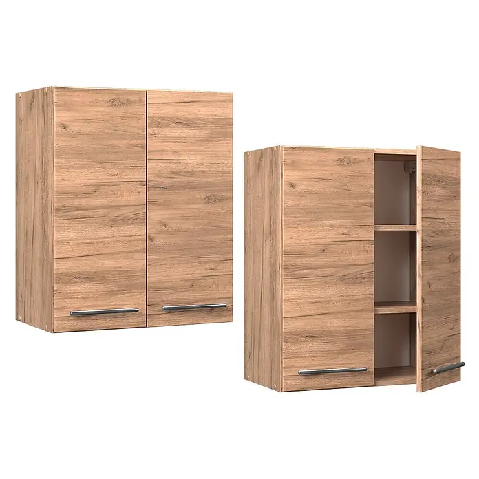 Vicco Schrankküche Fame-Line Goldkraft Eiche - Goldkraft Eiche, Hängeschrank 60 cm - Zwei Hängeschränke in heller Eichenoptik, einer geschlossen, einer offen mit Regalböden.