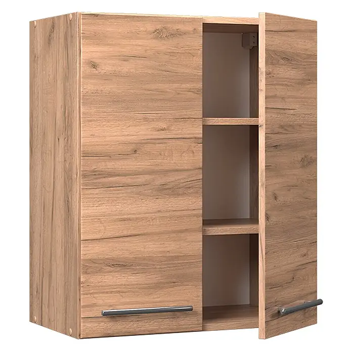 Vicco Schrankküche Fame-Line Goldkraft Eiche - Goldkraft Eiche, Hängeschrank 60 cm - Wandschrank aus hellem Holz mit zwei Türen und zwei Einlegeböden, eine Tür leicht geöffnet.