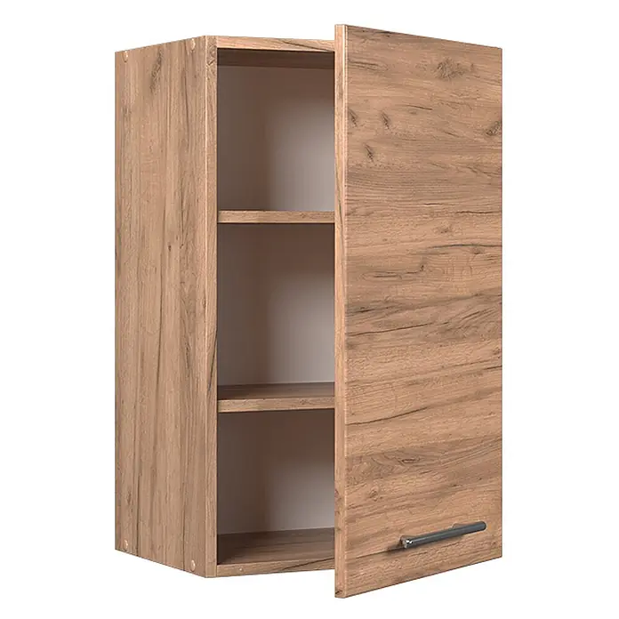 Vicco Schrankküche Fame-Line Goldkraft Eiche - Goldkraft Eiche, Hängeschrank 45 cm - Heller Holz-Effekt Hängeschrank mit zwei Regalböden und teils geöffneter Tür mit silbernem Griff.