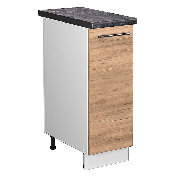 Vicco Schrankküche Fame-Line Goldkraft Eiche, AP Anthrazit - Goldkraft Eiche, Apothekerunterschrank 30 cm, AP Anthrazit - Schmaler Küchenunterschrank mit dunkler Arbeitsplatte, heller Holzoptikfront und weißen Seiten. Silberner Griff.