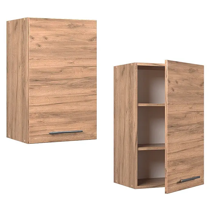 Vicco Schrankküche Fame-Line Goldkraft Eiche - Goldkraft Eiche, Hängeschrank 45 cm - Zwei hellbraune Wandschränke in Holzoptik, einer geschlossen mit Griff, der andere offen mit zwei Regalböden.
