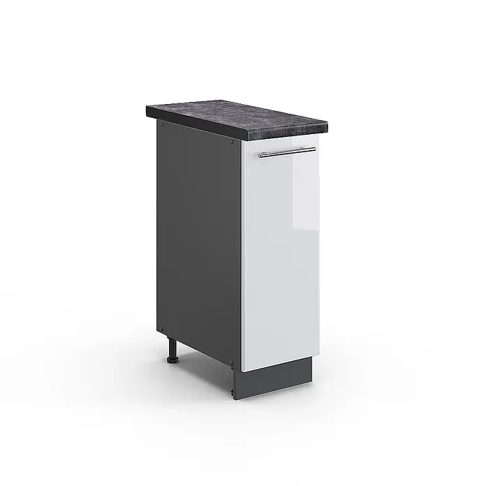 Vicco Schrankküche Fame-Line Weiß Hochglanz, AP Anthrazit - Weiß Hochglanz, Apothekerunterschrank 30 cm, AP Anthrazit - Dunkelgrauer Küchenunterschrank mit weißer Tür, dunkler Arbeitsplatte und silbernem Griff, auf verstellbaren Füßen.