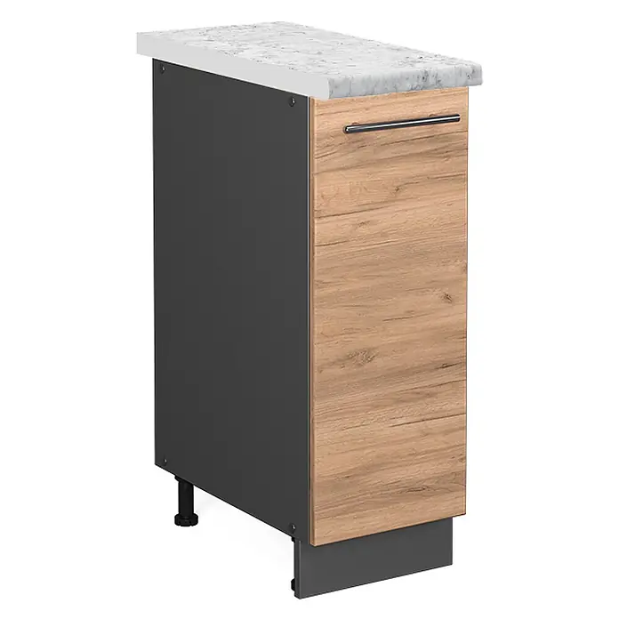 Vicco Schrankküche Fame-Line Goldkraft Eiche, AP Marmor - Goldkraft Eiche, Apothekerunterschrank 30 cm, AP Marmor - Küchenunterschrank mit weißer Marmorplatte, dunkelgrauer Seitenwand und heller Holzfront mit Metallgriff.