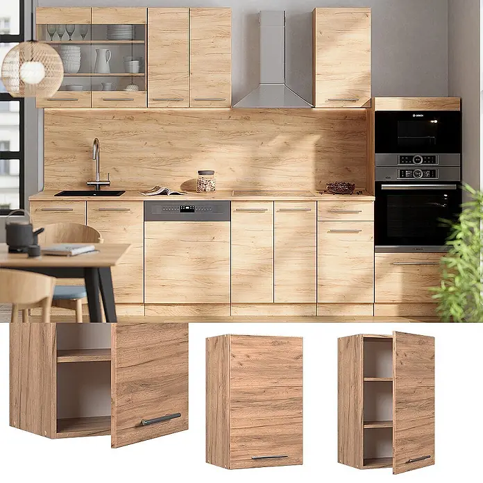 Vicco Schrankküche Fame-Line Goldkraft Eiche - Goldkraft Eiche, Hängeschrank 45 cm - Helle Holzküche mit Unter- und Oberschränken, integrierten Geräten und einem Tisch.