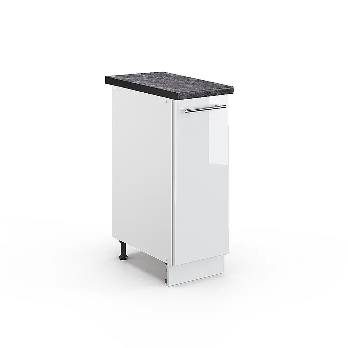 Apothekerschrank Fame-Line 30 cm Weiß Hochglanz Art.-Nr. 45419 -  - Weißer Küchenunterschrank mit dunkelgrauer Arbeitsplatte, silbernem Griff und schwarzen Füßen.