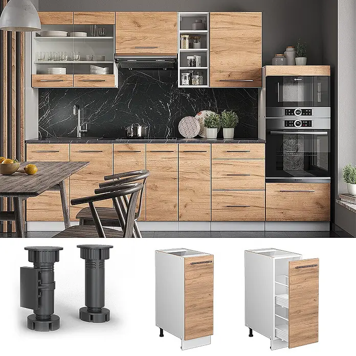 Vicco Schrankküche Fame-Line Goldkraft Eiche ohne Arbeitsplatte - Goldkraft Eiche, Apothekerunterschrank 30 cm - Moderne Küche mit hellen Holzschränken, dunklen Griffen und schwarzer Arbeitsplatte. Mit Standard- und Auszugsschränken sowie verstellbaren Füßen.