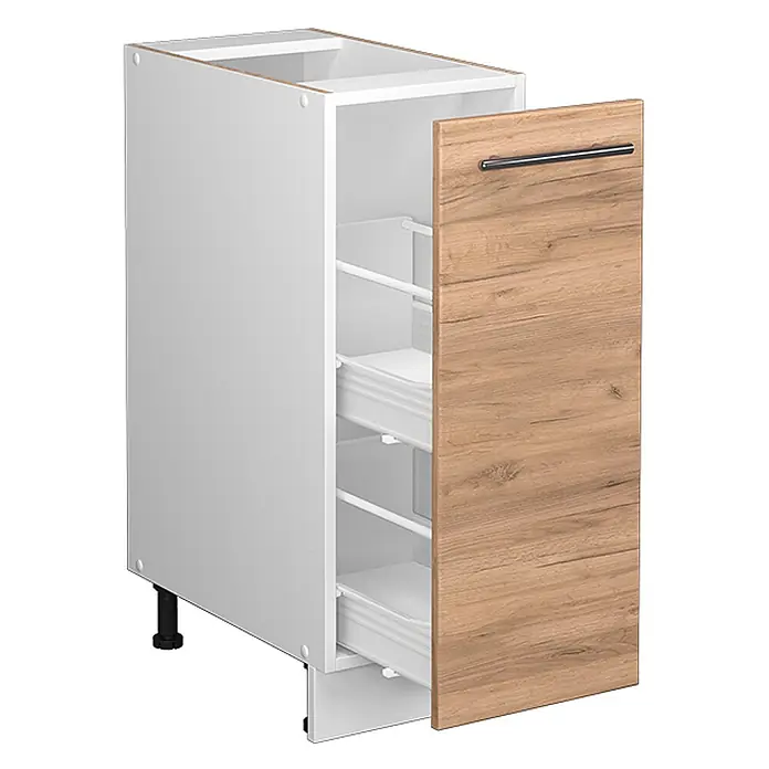 Vicco Schrankküche Fame-Line Goldkraft Eiche ohne Arbeitsplatte - Goldkraft Eiche, Apothekerunterschrank 30 cm - Weißer Küchen-Auszugsschrank mit heller Holzoptik-Front, internen Böden und verstellbaren Füßen.